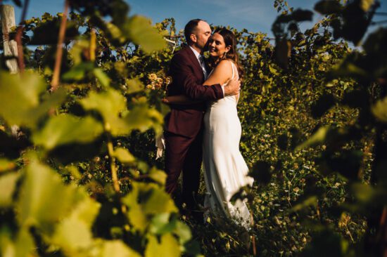 A couple in formal attire embraces and smiles among lush green vineyard rows under a sunny blue sky at their Shelburne Vineyard Wedding, surrounded by leafy vines.