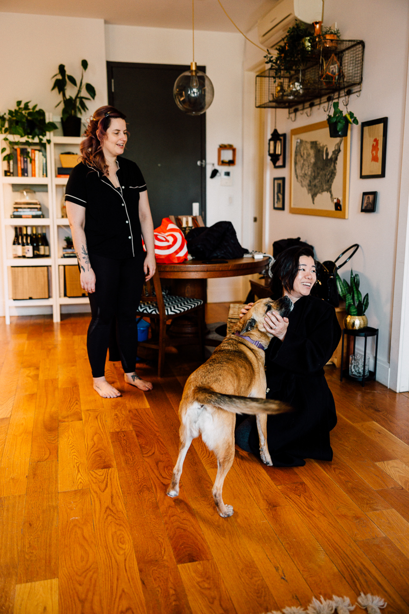 Two women share a playful moment in a cozy, stylish living room while a dog happily interacts with one of them.