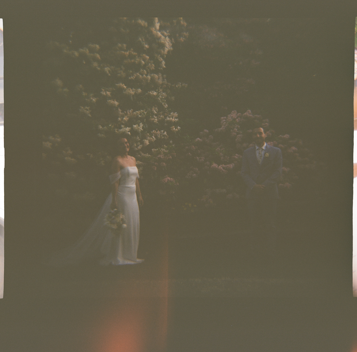 A bride in a white dress and a groom in a suit stand outdoors on grass, surrounded by blooming bushes and trees. The photo, with its dark, vintage, and slightly faded effect, beautifully captures the charm of a Dennis Inn Wedding.